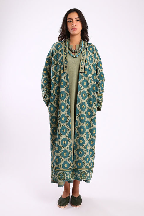 Long printed coat in cotton and viscose cashmere with pockets